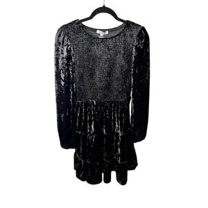 NWT Miss Sparkling Black Velvet Smocked Tiered Long Sleeve Dress‎ M